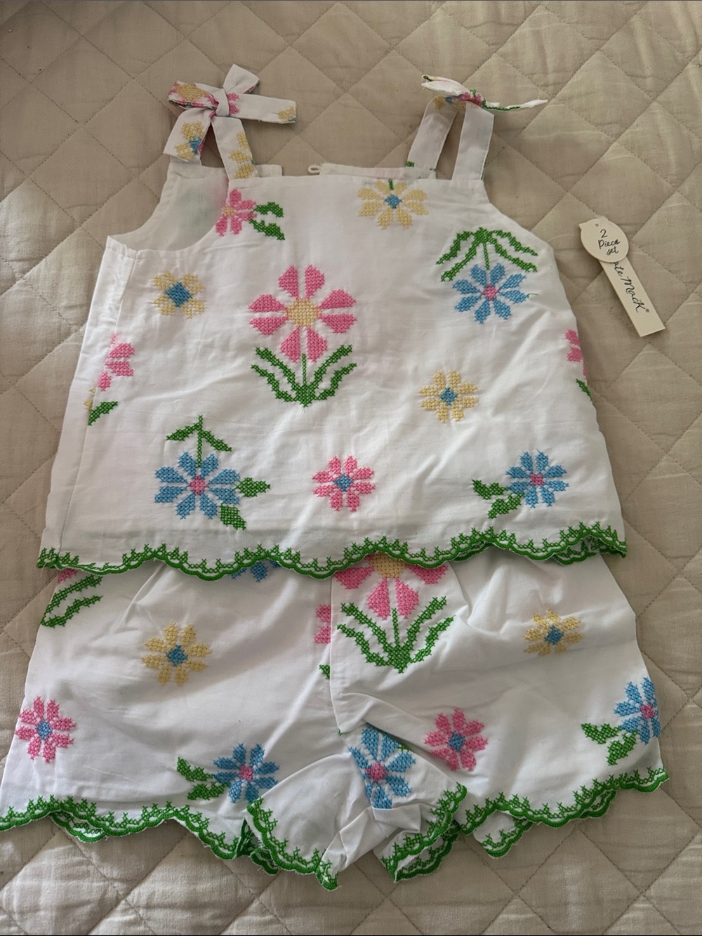 Kate Mack White Floral Cross-Stitch Pajama Set with Pink, Blue, Yellow & Green